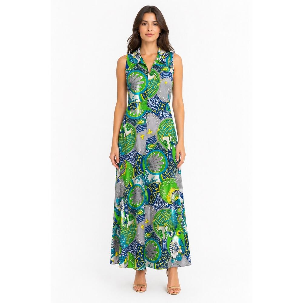 1970s Handmade Mod Maxi Dress Dagger Collar Psychedelic Print Blue Green Small